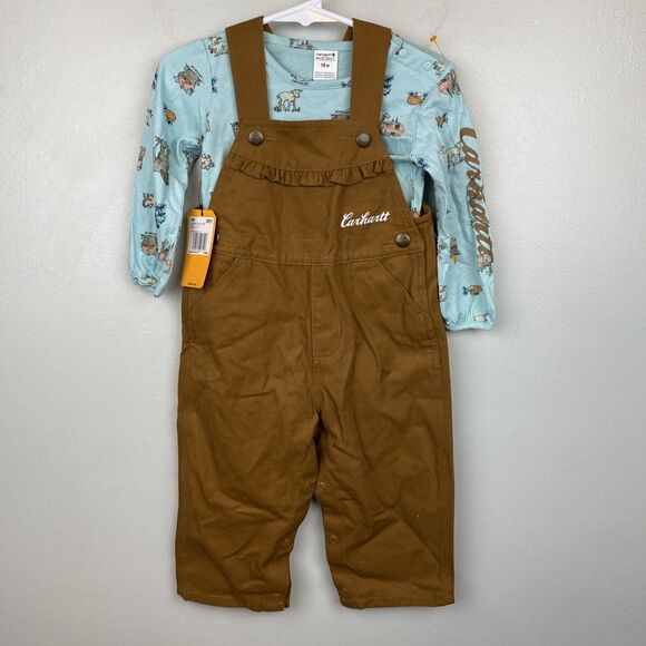 CARHARTT 2 PC OUTFIT Canvas OVERALLS Pants & Bodysuit Shirt Girls 18 Months NEW - Picture 1 of 9